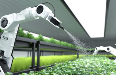 Smart robotic farmer spraying fertilizer on vegetable green plants, Agriculture technology, Farm automation. 3D illustration